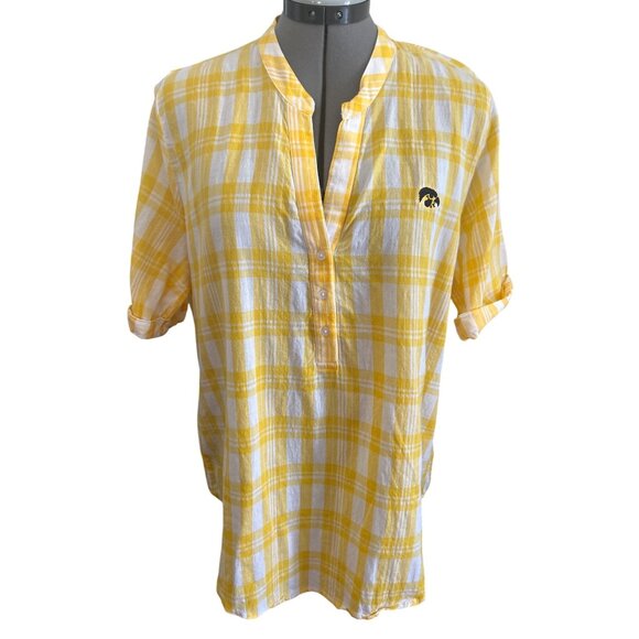 UG Apparel Tops - UG Apparel Yellow & White Plaid V Neck Tunic L 100% Cotton Iowa Hawkeyes Logo